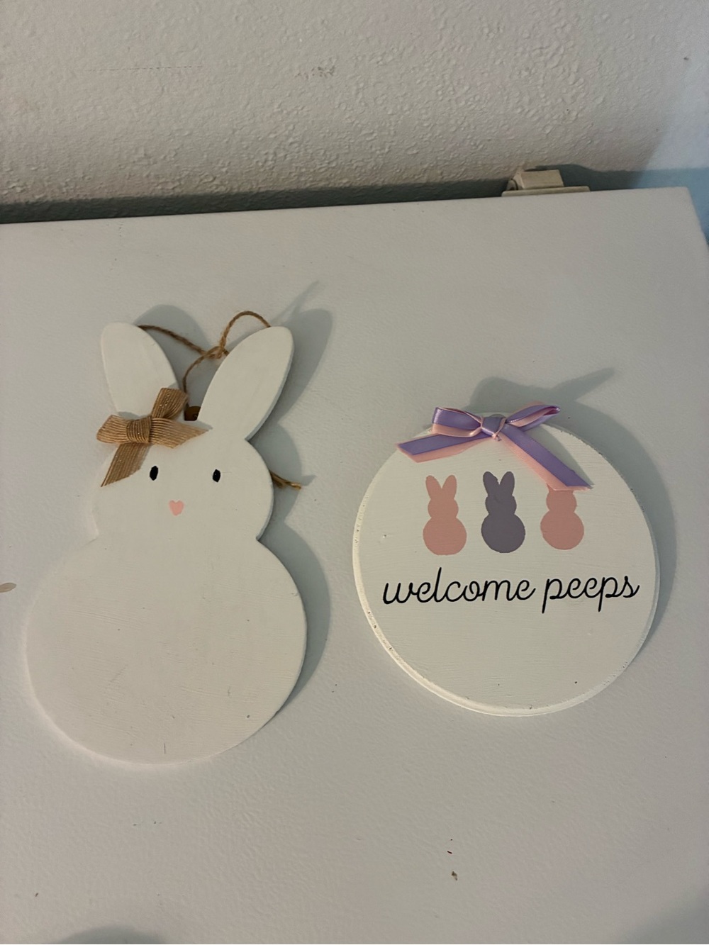 Welcome Peeps Bunny Wall Sign - White and Pink Home Wall Decor Easter